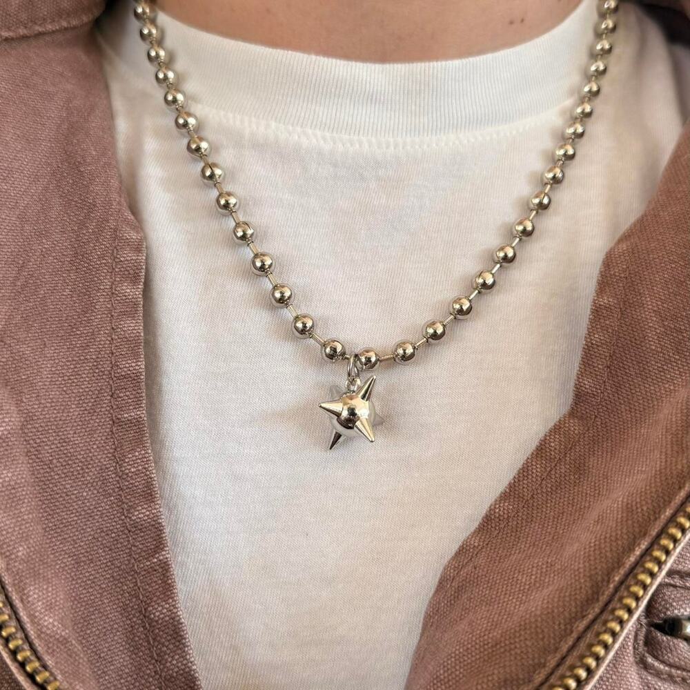 y2k 2000s silver bead pendant barbed ball pendant chain necklace
